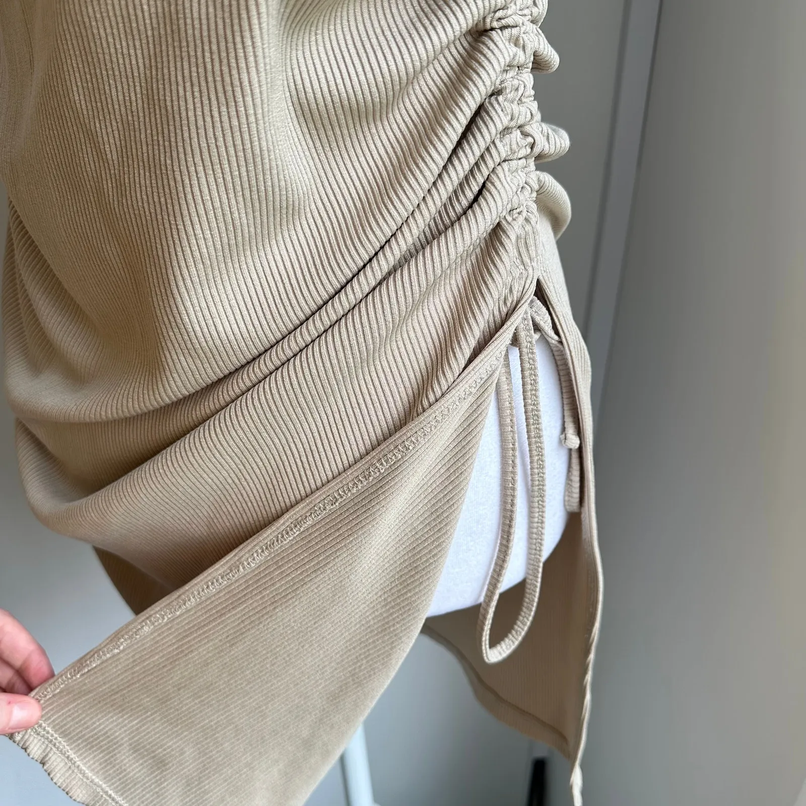 Zara Gold Tan Ribbed Side Tie Ruched Sexy Stretch Casual‎ Tank Dress Medium - Image 5