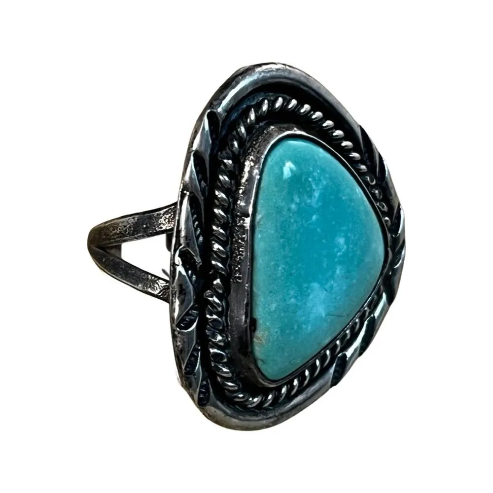 Vintage Turquoise Ring Signed FC, Sterling Silver Native American Ring Sz 7 Blue - Image 2