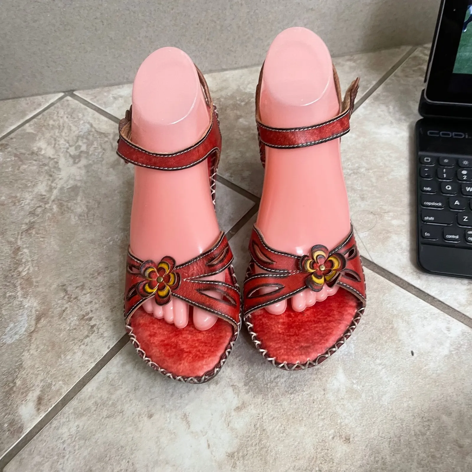 Spring Step Red Leather Floral Wedge Sandals D-Lilith Women's Size 40 USA Sz 9 - Image 2