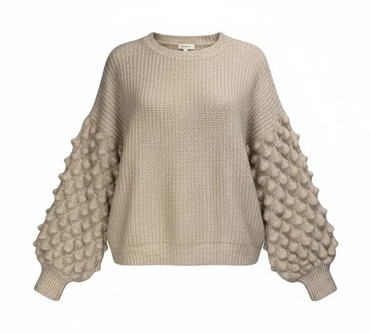 DEBUT Oatmeal Beige Knit Sweater Puffy Crocodile Stitch Sleeves Medium Cropped - Image 1