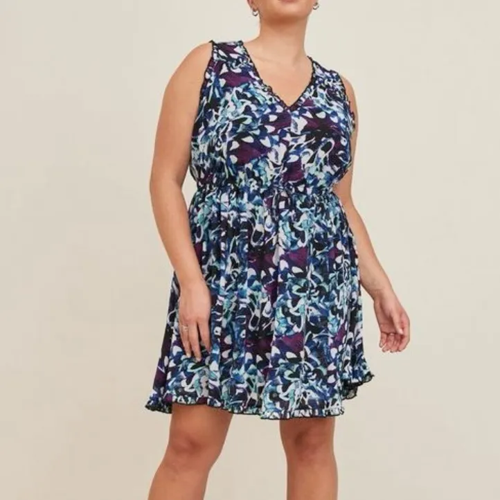 Torrid Blue Purple Floral Chiffon‎ Ruffle Sleeveless Dress Size 1X - Image 3