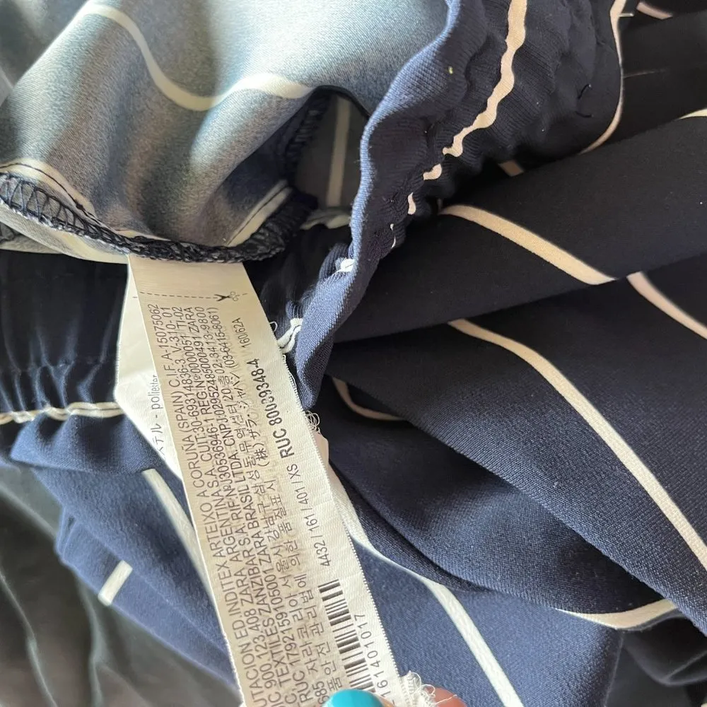 Zara TRF Striped Straight Leg Crop Trousers Drawstring Waist Womens Size XS Navy - Image 8