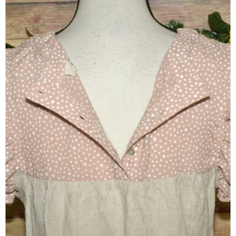 Entro Beige & Pink Cap Sleeve Tiered Blouse Top Size S Striped Polka Dots Cute - Image 10