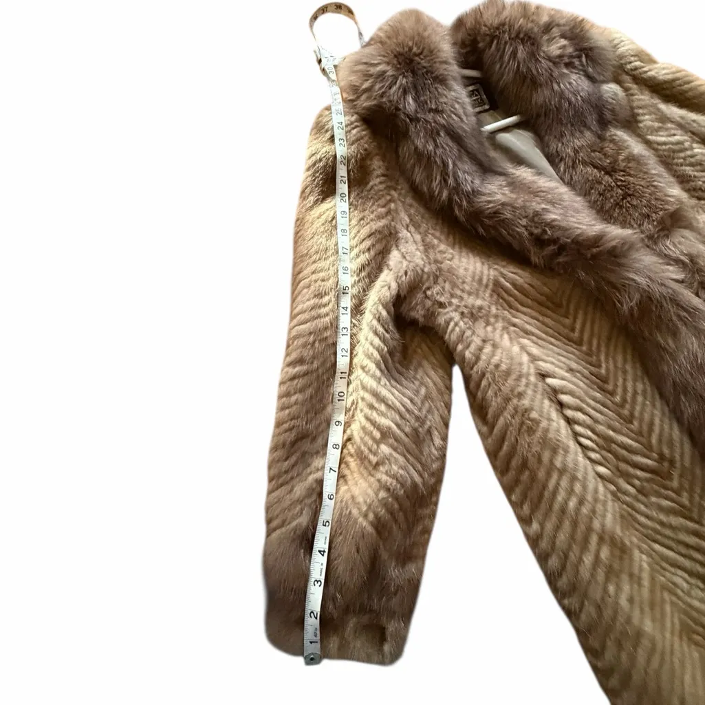 RARE Authentic SAGA Mink Fur Long Coat Camel Brown Herringbone SAGA Fox Trim M Size M - Image 14