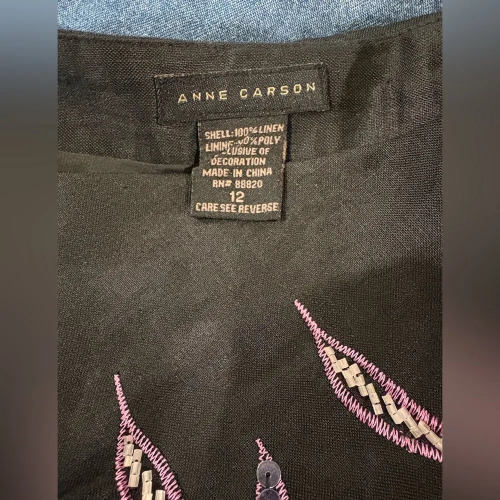 Anne Carson linen embroidered midi a-line skirt sz 12 black - Image 4