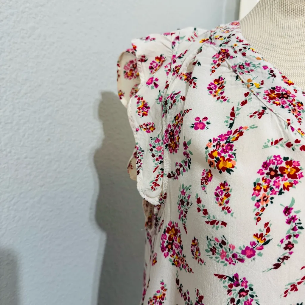 Old Navy Women Cream Pink Floral V-Neck Semi Flared Sleeves Relaxed Fit Blouse M - Image 3