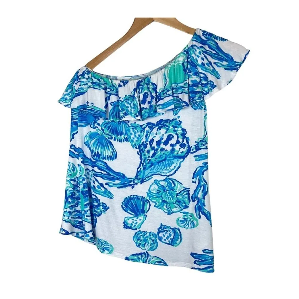 Lilly Pulitzer Neveah blue seashells ruffle one shoulder top blouse beach XS - Image 3