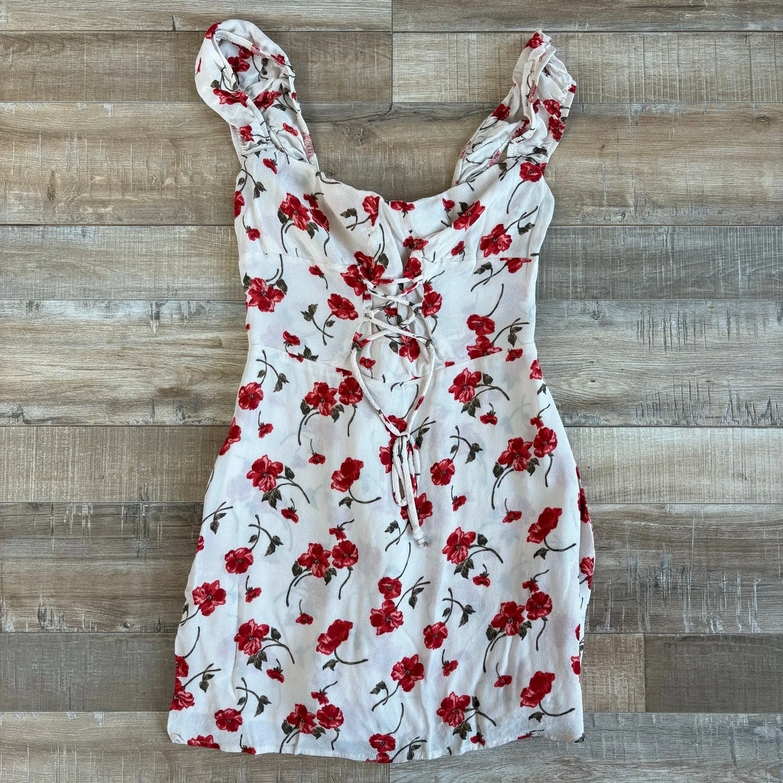 Reformation Jess Jubilee Dress Size 6 White Red Floral Puff Sleeve Mini - Image 2