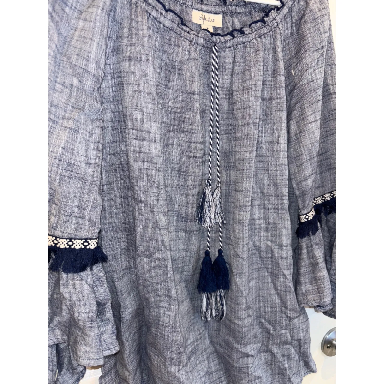 Style & Co Womens‎ Top Blue White Peasant Bohemian Tassel Bell Sleeve Size M - Image 2