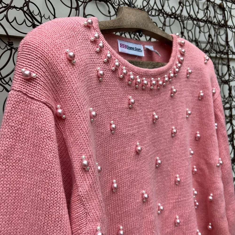 Vintage 90s strawberry milkshake knit pearl bead detail sweater Size M - Image 2