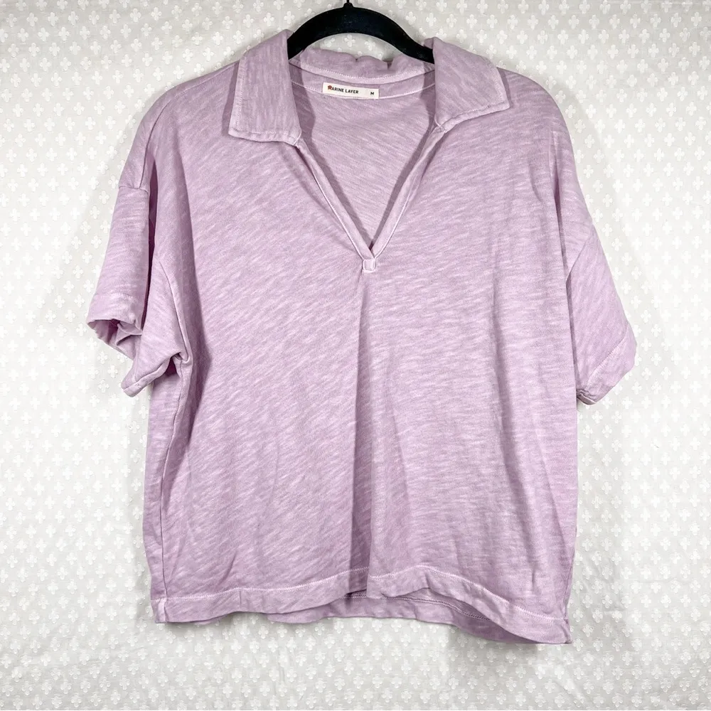 Marine Layer Light Purple Collared‎ V Neck Short Sleeve Top - Image 2