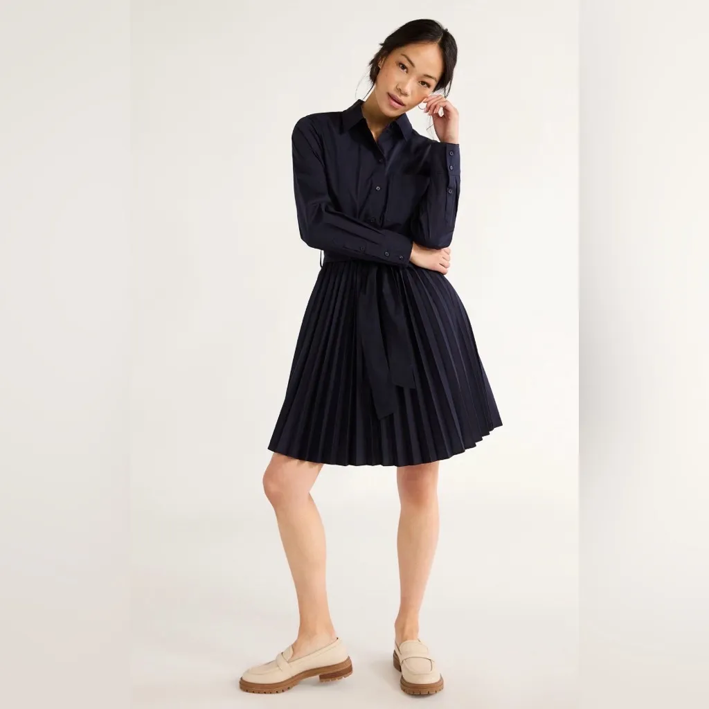 NEW Navy Blue Free Assembly Pleated Mini Shirtdress Long Sleeves Belted Dress XL - Image 8