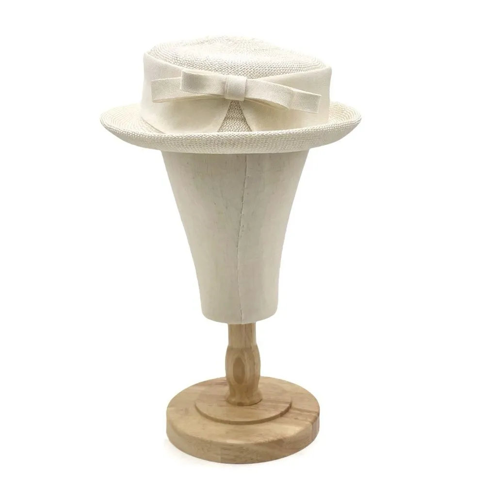 Vintage 1950s Cream Straw Sailor Hat Antique Ivory Boater Skimmer W Bow Detail - Image 4