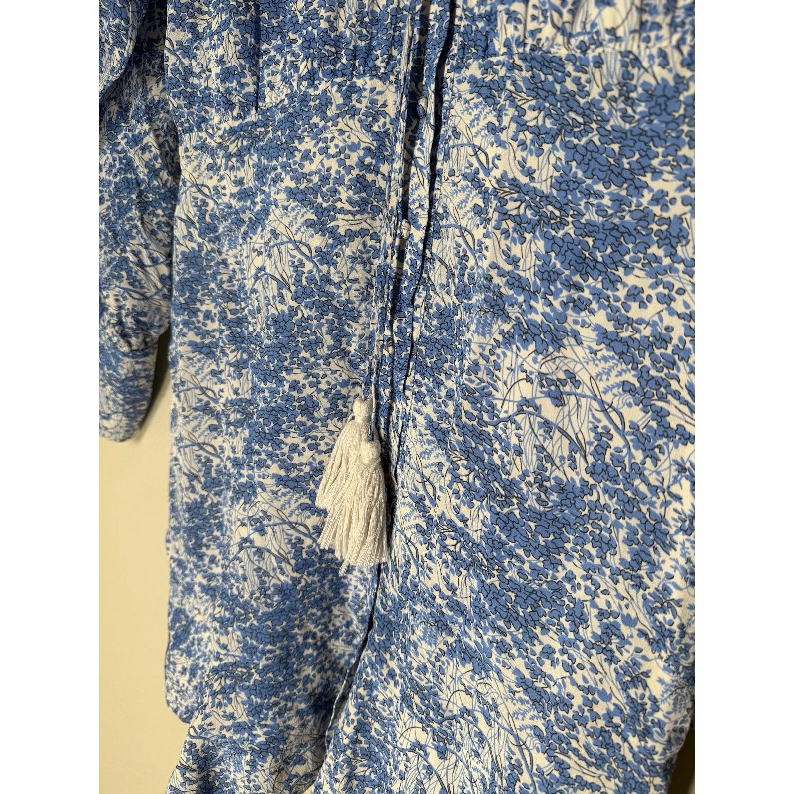 Karina Grimaldi Blue Floral Mini Dress Womens Sz S Boho Beachy Tassel Feminine - Image 5