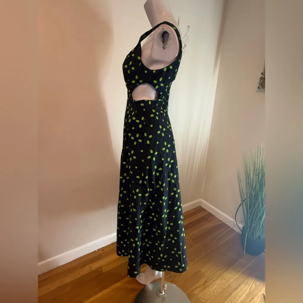 TOPSHOP Women's Sz. 6 Cut Out Spot Pinny Dress In Green & Black Polka Dot - Image 5