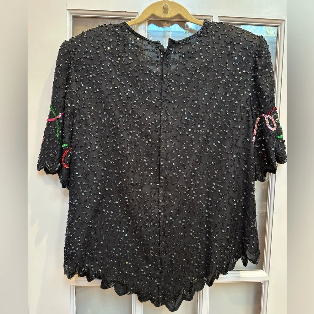 Vintage Laurence Kazar Silk Beaded Blouse Y2K 2000s Millennium New Years Size 1X - Image 8