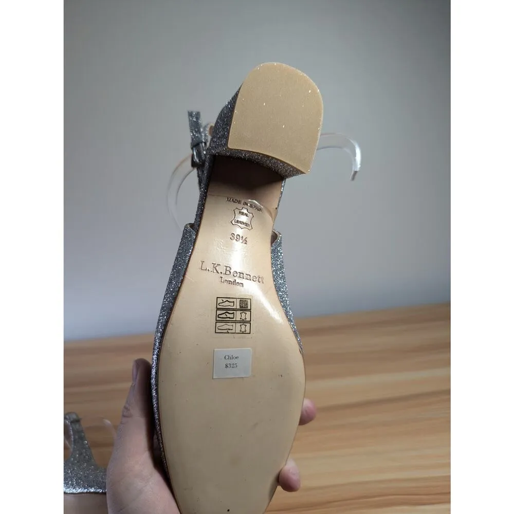 LK Bennett Womens Chloe Silver Sparkly Slingback Block Heels Size EU 39.5 US 9.5 - Image 13