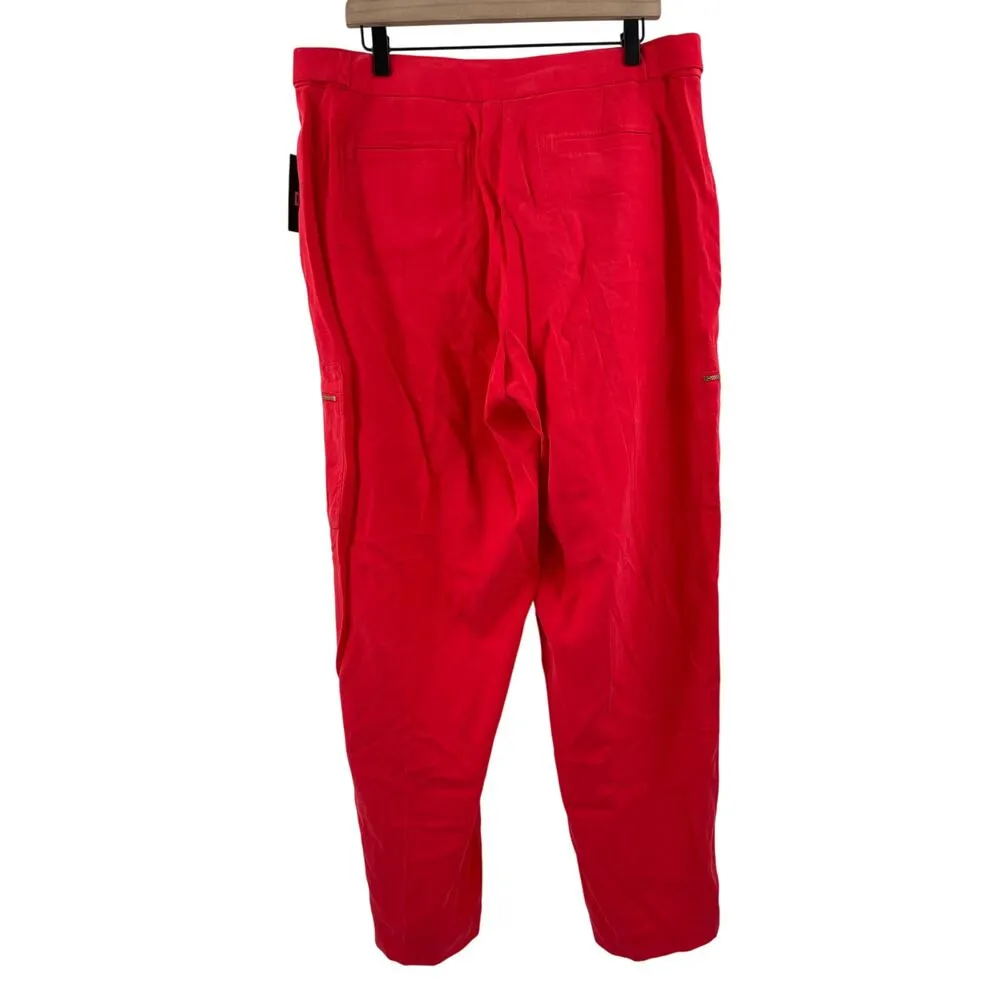 DKNY Pants SZ 16 Flame Red Gold Zippers NWT Cargo Straight Wide Leg Twill Office - Image 3