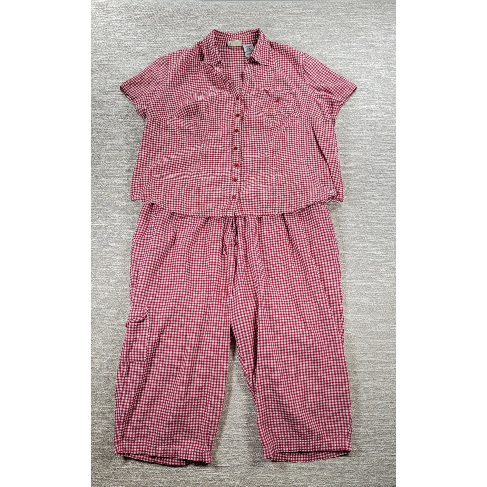 Vintage White Stag Shirt Capri Set Womens 2XL Red Gingham Button Down Pockets - Image 13
