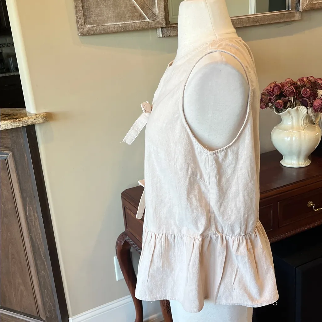 Bow Front Light Khaki Ruffle Hem Cotton Top New Tan - Image 7