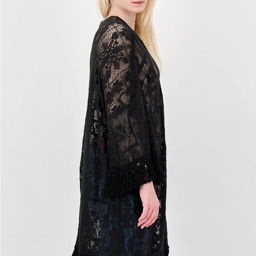 Aerie Crochet Lace Fringe Hem Kimono Women’s M/L Black Floral Swim Coverup Boho - Image 2