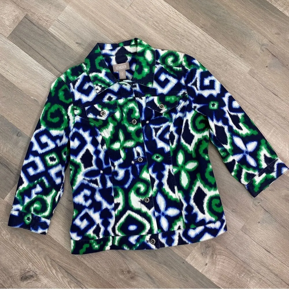 Chico’s Floral Ikat Stretch Cotton Jacket Blue Green Small 3/4 Sleeve - Image 12