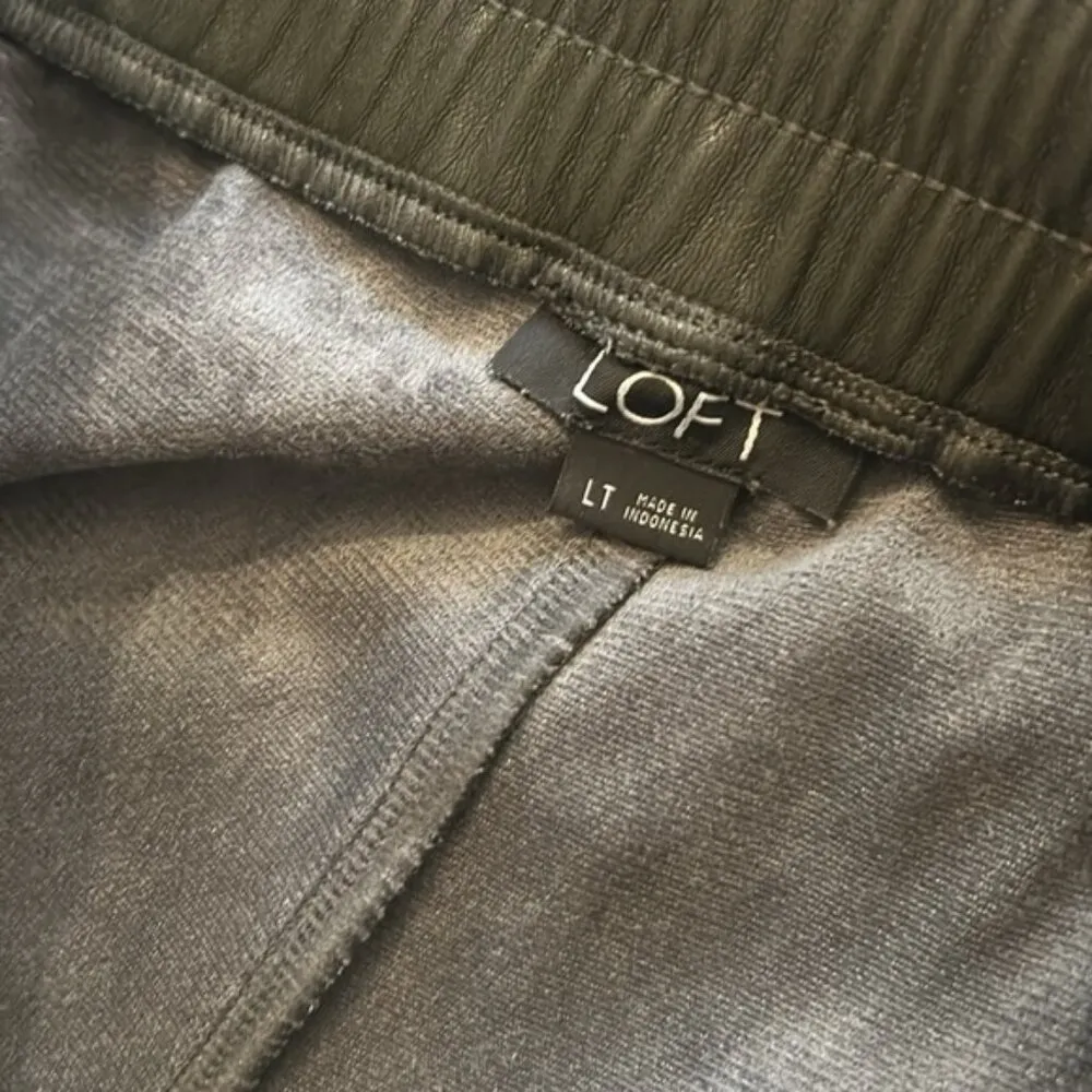 Loft  Dark Green Caper Slim Pull on Leather Pants Tie Waist - Image 5