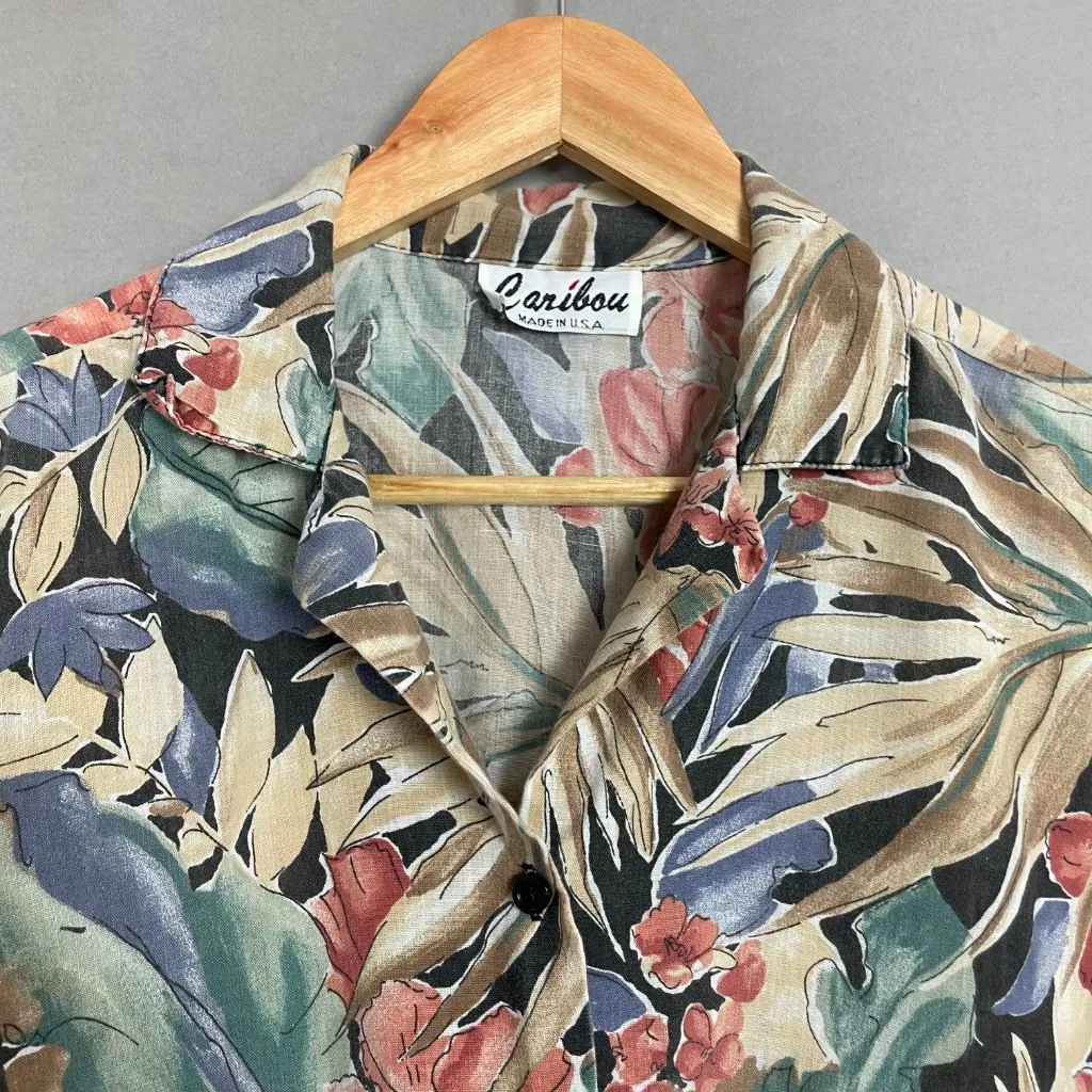 Vintage Tropical Shirt Women Lightweight Hawaiian FLAWS Muted Tones Palm Leaves Tan Size L - Image 12