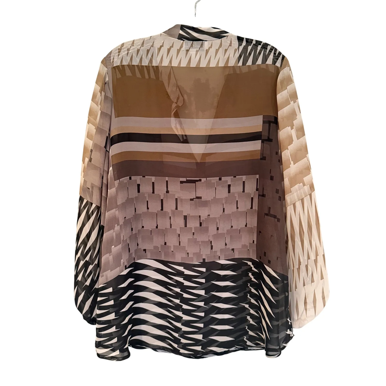 Joseph Ribkoff Geometric Print Sheer Blouse Women's 14 Brown Career Classic - Image 5