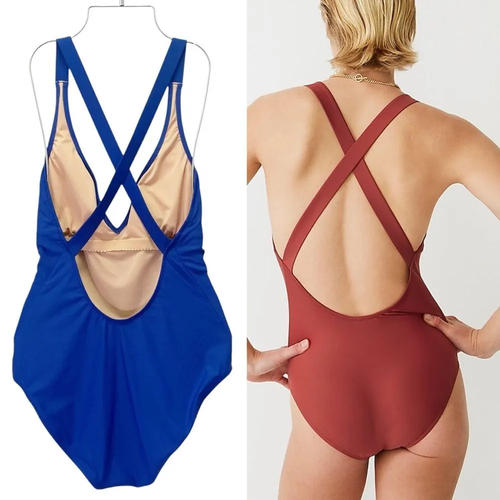 J. Crew Cross Back One Piece Swimsuit Royal Blue Size 8 V-Neck Plunge Low Back - Image 5