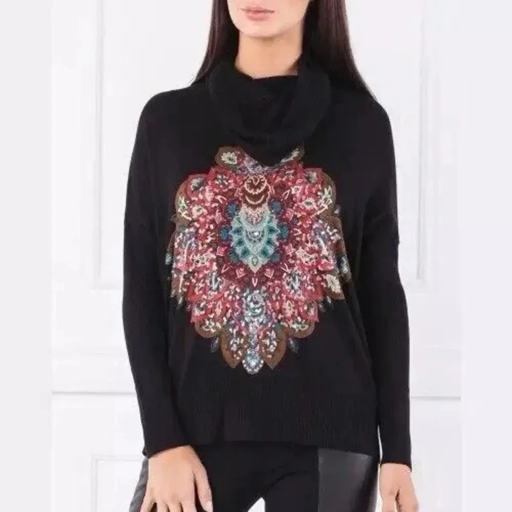 Desigual Casandra Jumper Sequin Paisley Knit Funnel Turtleneck Sweater Black L - Image 2