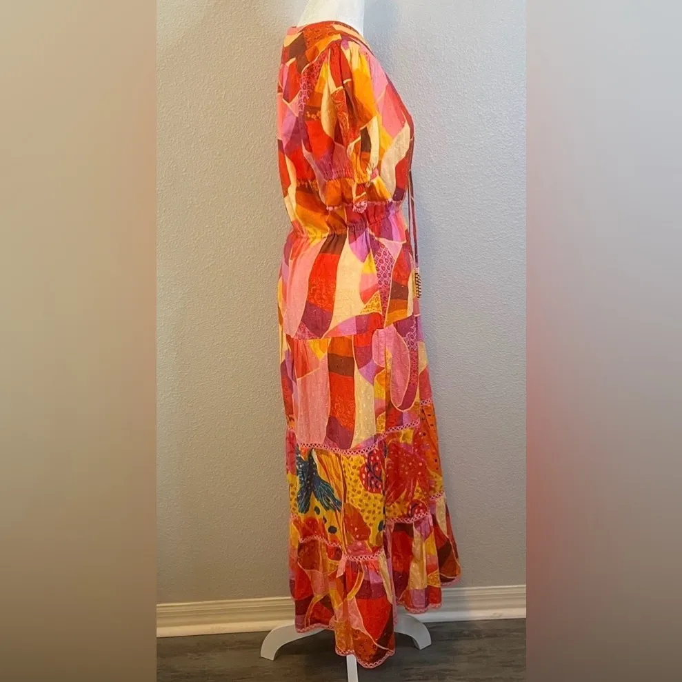 Farm Rio  Patch Twirl Midi Dress Orange Multi Size Medium - Image 3