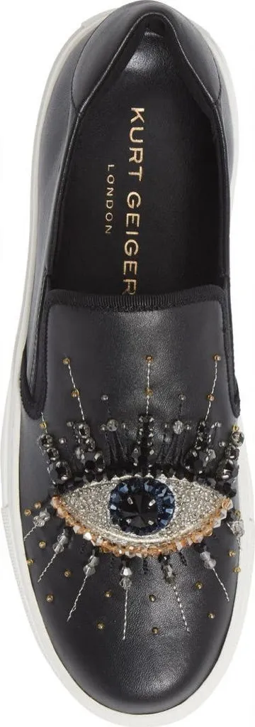 Kurt Geiger Leah Embellished Slip On Sneaker Black Leather Eye Sz 6.5 Womens - Image 1