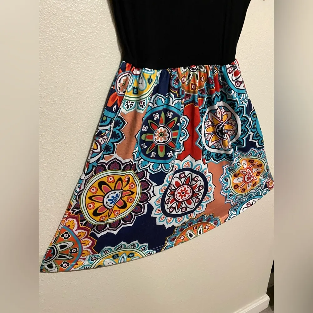 Colorful Floral | Boho Short Sleeve MIDI Knee Length Dress Black Size M - Image 3