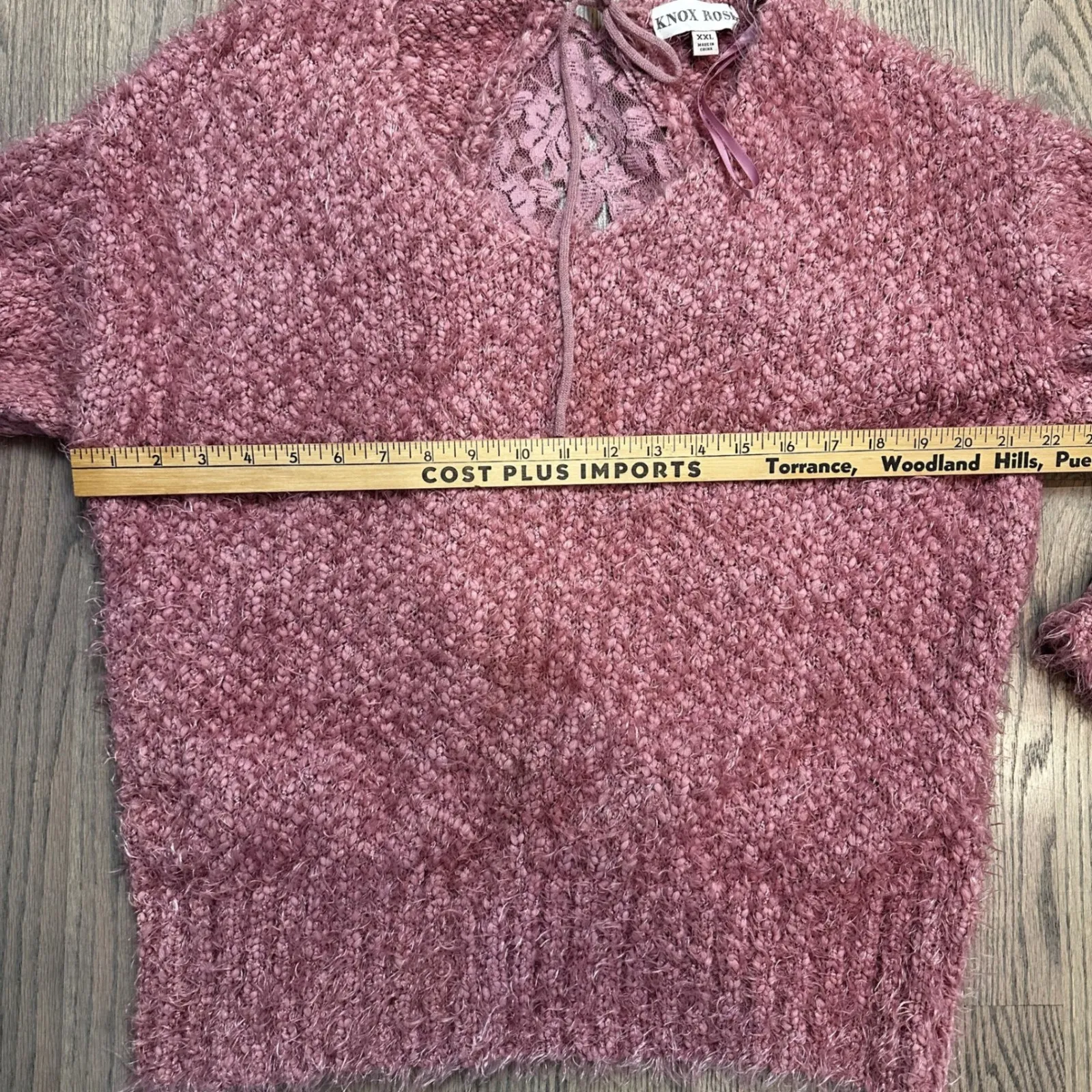 Knox Rose XXL Pink Fuzzy Knit V-Neck Sweater Lace-Up Back‎ Detail - Image 3