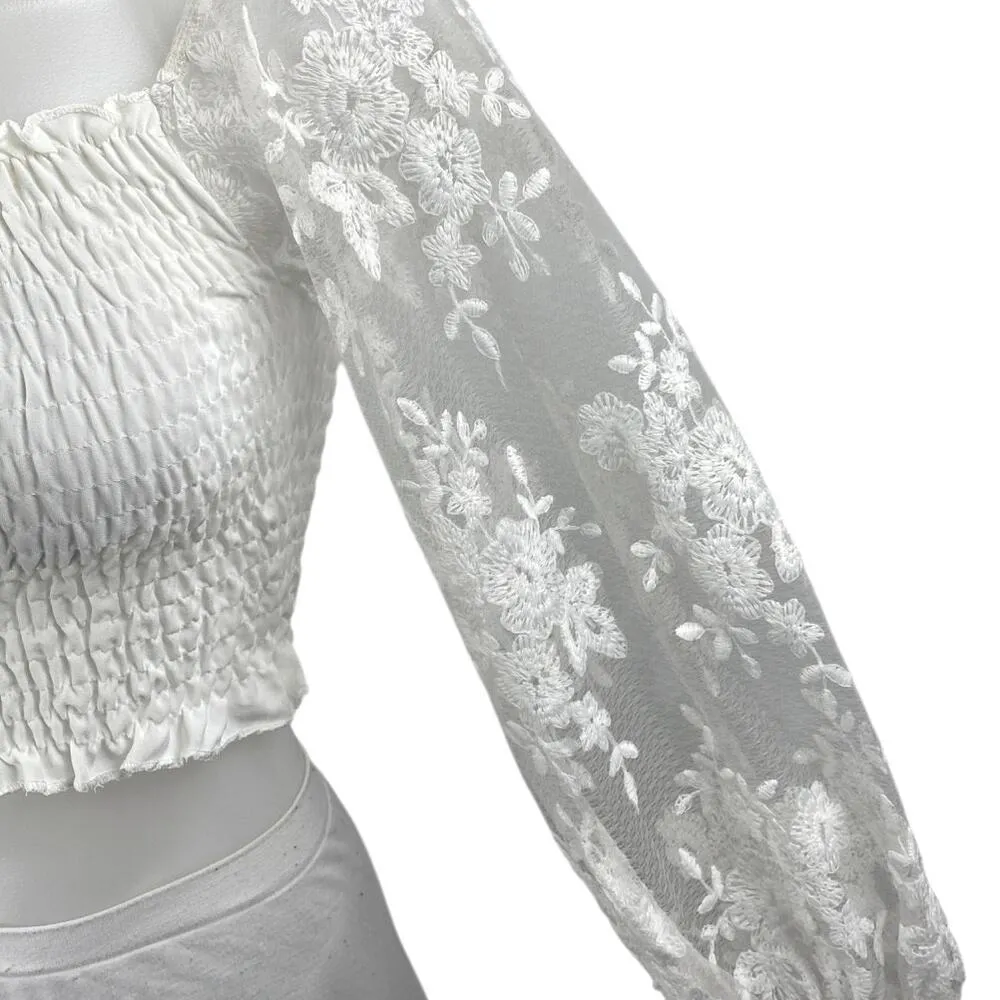 NEW Bellavie Women's White Floral Balloon Long Sleeve Smocked Crop Blouse Top S - Image 3