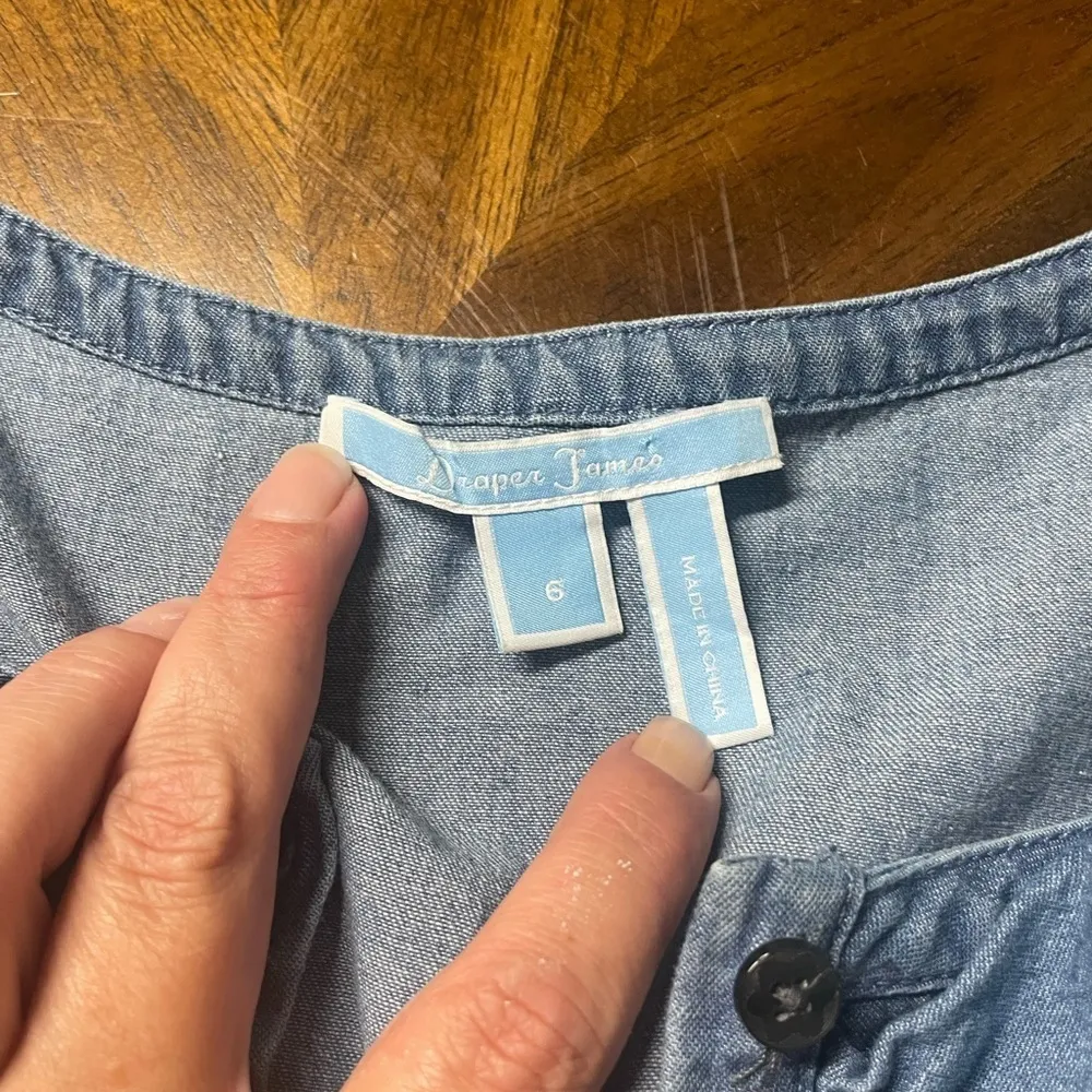 Draper James Chambray Ruffle Shift Dress Denim 3/4 Bell Sleeve Boho Country Sz 6 - Image 6