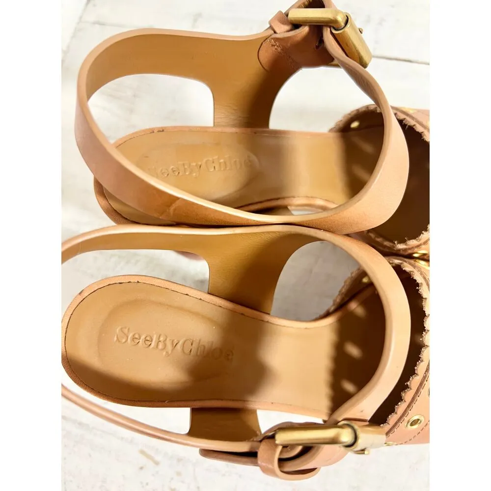 See by Chloe Nora Leather Ankle Strap Platform Heeled Sandals Brown Women's 38/8 - Image 5