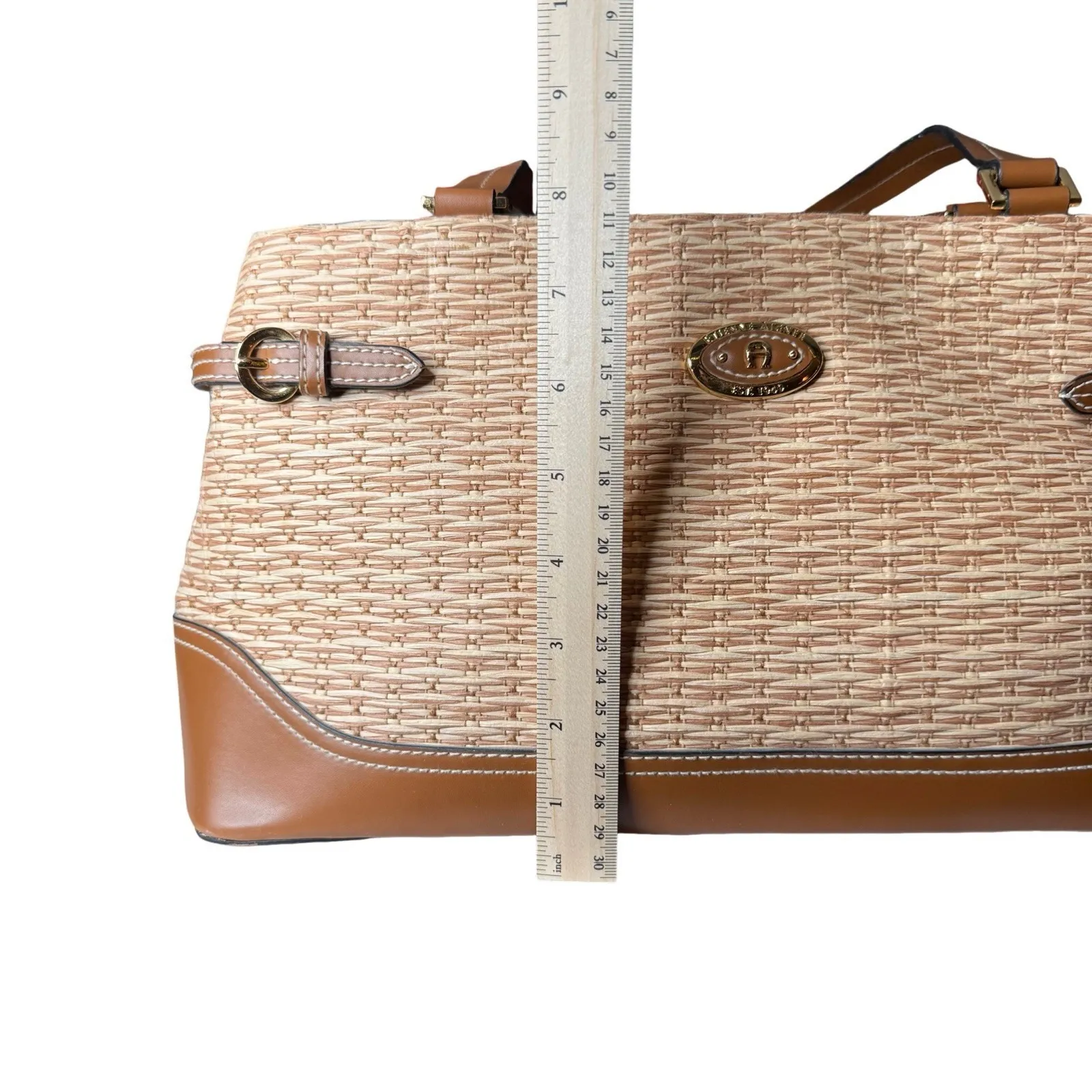 Etienne Aigner Woven Straw Raffia Shoulder Bag Tan Brown Classic Medium - Image 6