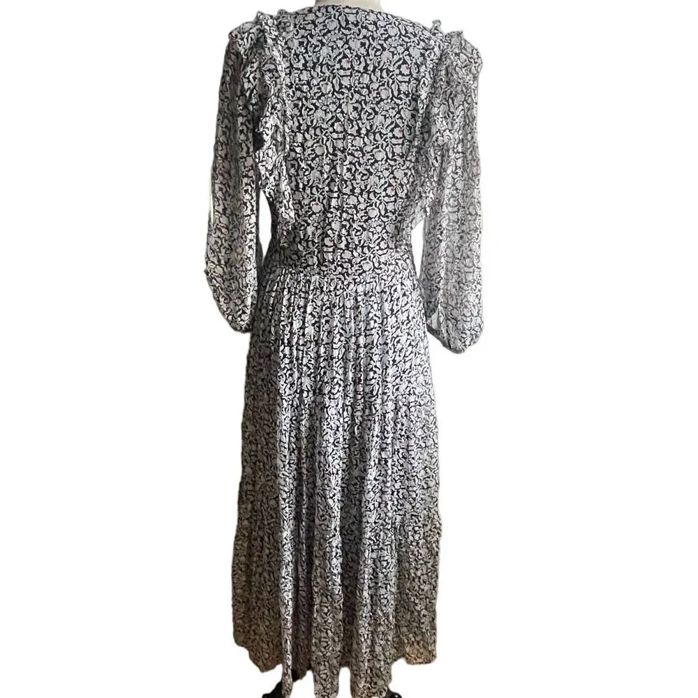 joie Ruffle Floral High Low 100% Silk Prairie Dress in Black & White Size Medium - Image 2