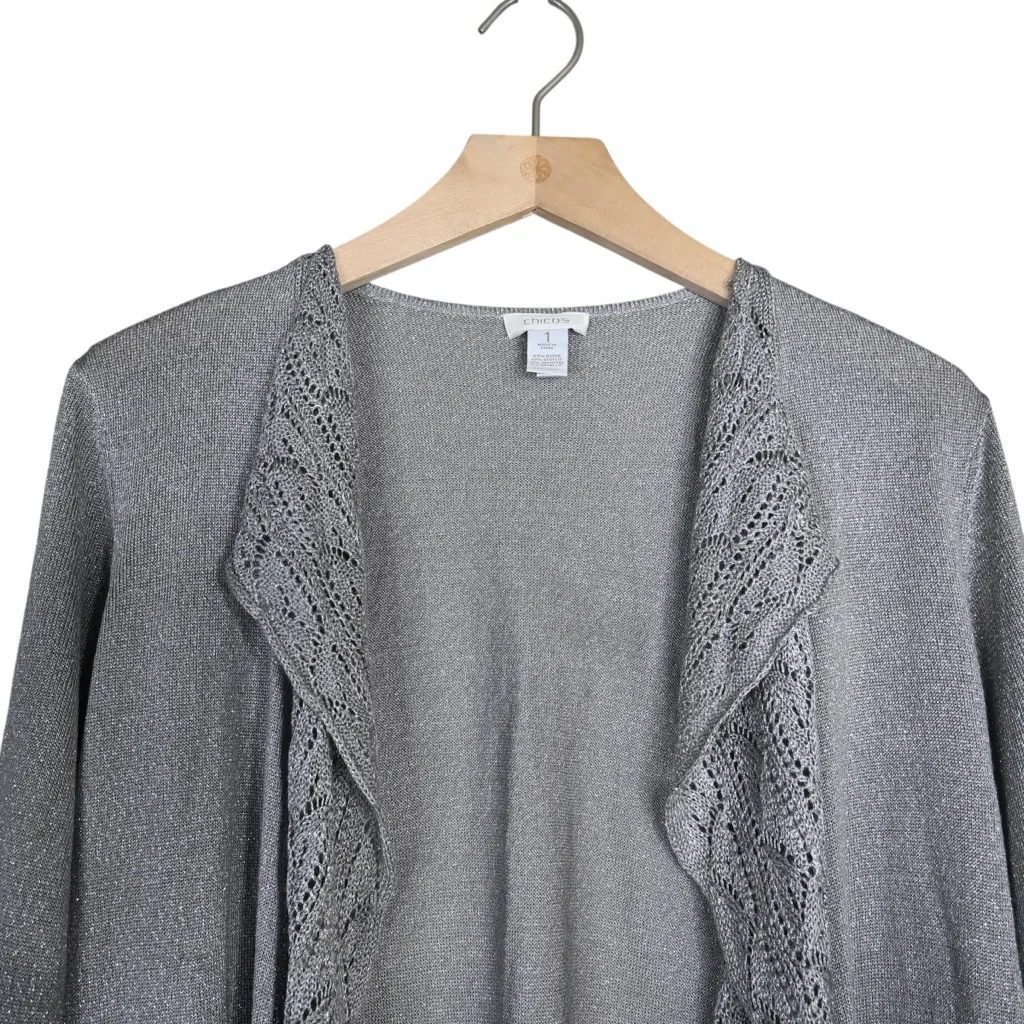 Chico's Women's M Chico's Size 1 Silver with Metallic Thread Open Front Cardigan - Image 3