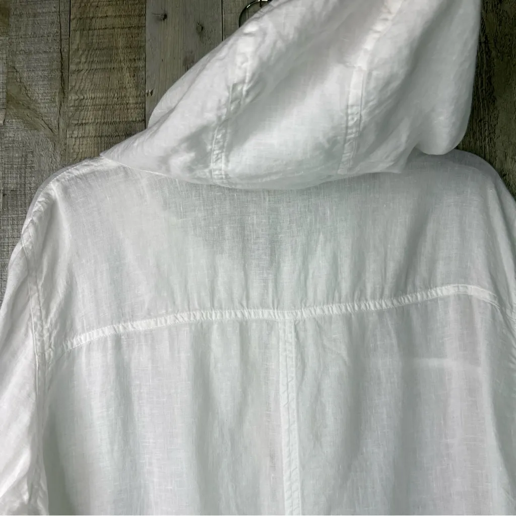 Eileen Fisher XL 100% Irish Linen White Jacket Hooded Zip Front Drawstring Waist - Image 6