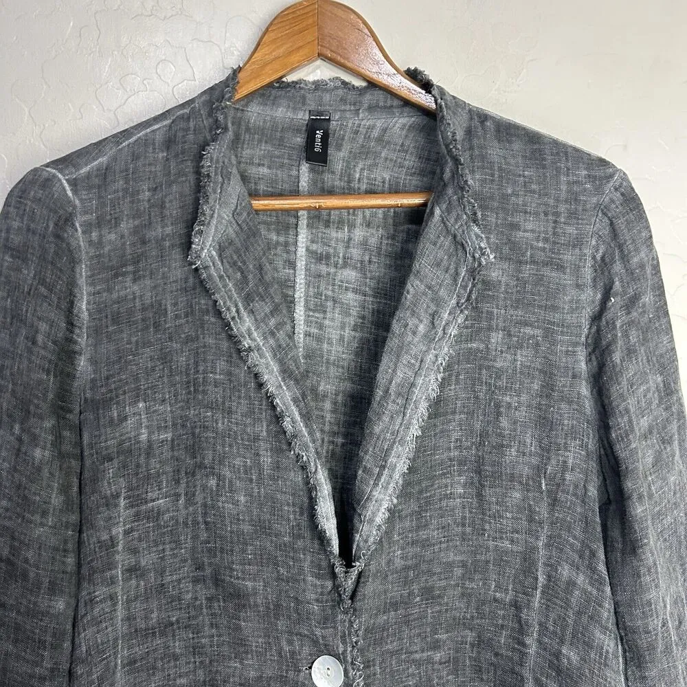 Venti6 Blazer Womens Large Gray Linen Jacket Frayed Hem Sequin Star Elbow Patch - Image 4