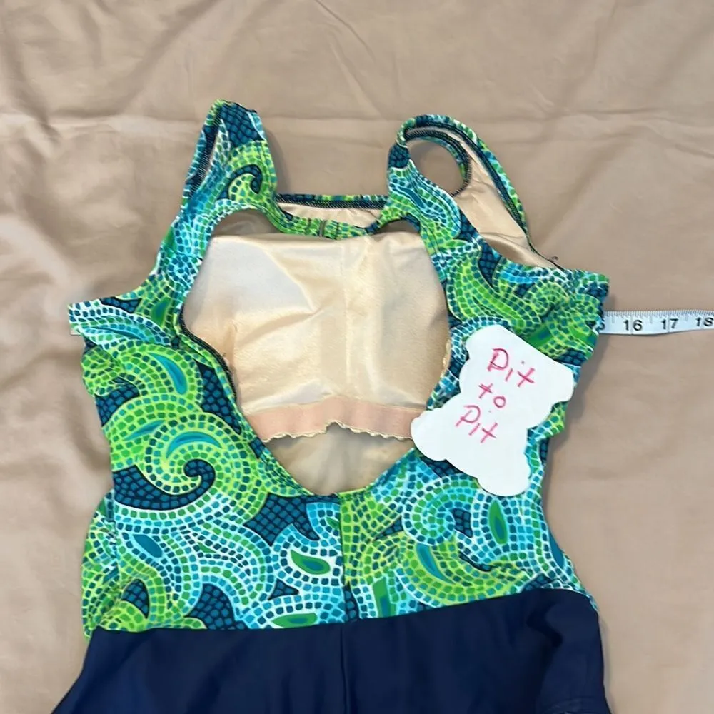 Christina size 12/34 one piece green and blue drapey front swimsuit GUC - Image 11