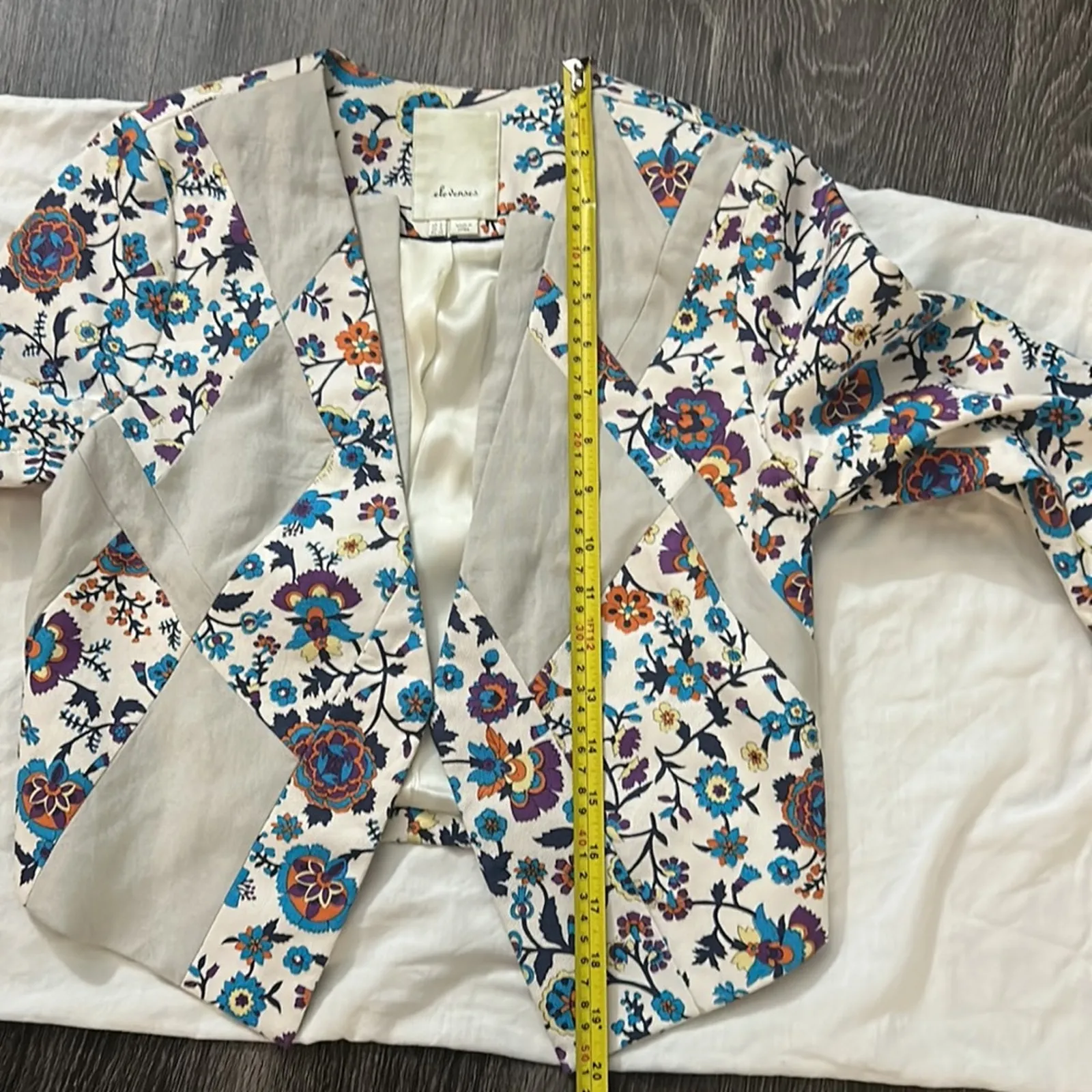 Anthropologie Elevenses Color Block Floral Cropped Open Front Jacket 0 Dopamine - Image 7