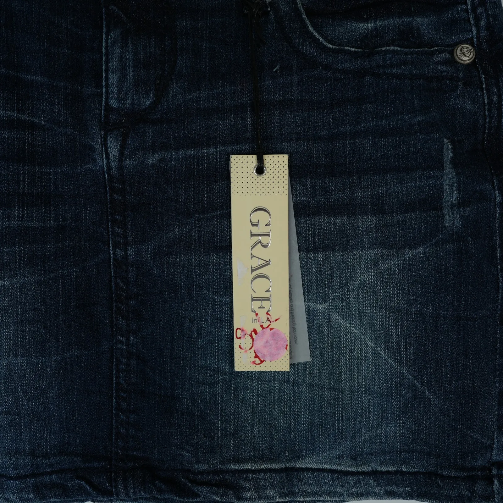 Grace in LA Skirt Womens L Embellished Rhinestone Peace Sign Designer Denim Jean Blue Size L - Image 4