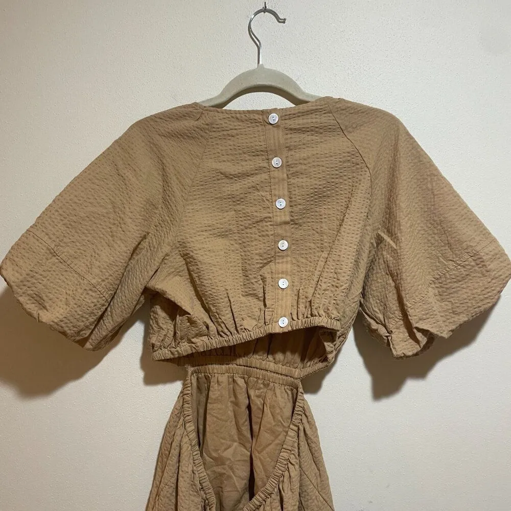 NEW Madewell Size M Seersucker Puff Sleeve Cutout Mini Dress Tan Button Back - Image 10