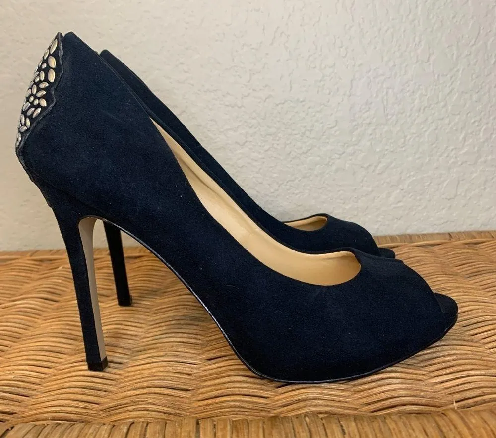 Badgley  Mischka American Glamour Suede Peep Toe Pumps Metallic Detail Size 8.5 - Image 5
