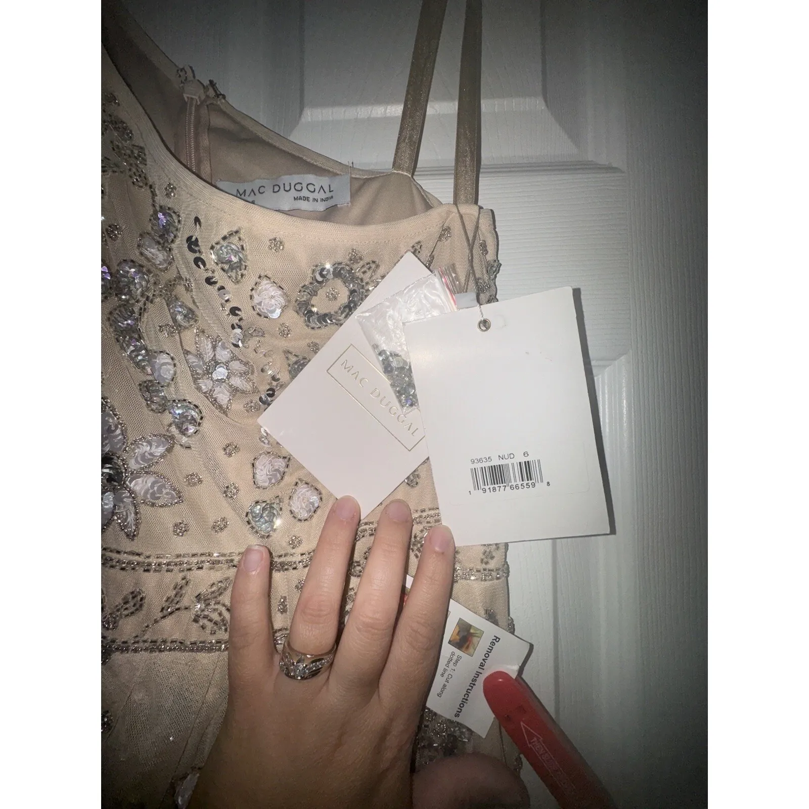 MAC DUGGAL Floral Beaded Embellished One Shoulder Draped Gown Nude Silver Sz 6 - Image 4