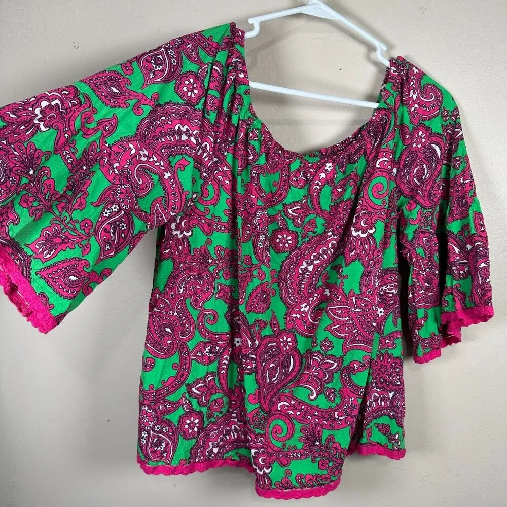 Crown & Ivy PL Petite Large Blouse Top Pink Green Floral Peasant Elastic Neck - Image 2